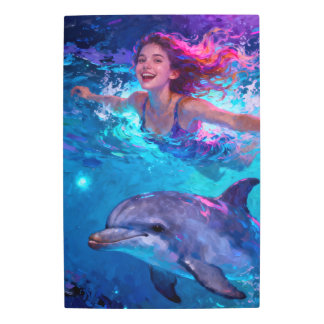 A young woman is swimming in the seaMetal Wall Art