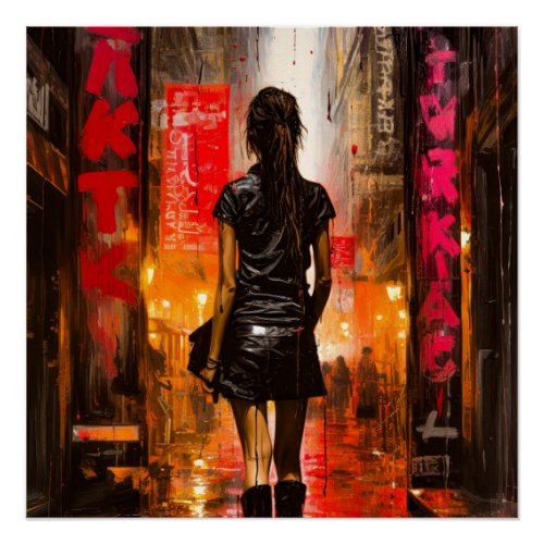 A young woman walking through the rainy city poster
