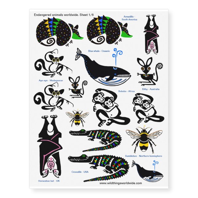 A - Z of Endangered animals - original designs Temporary Tattoos (Front)