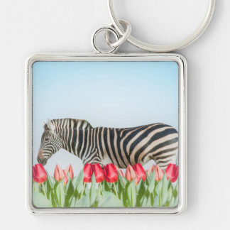A Zebra Among the Tulips Keychain