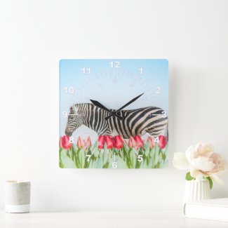 A Zebra Among the Tulips Square Wall Clock