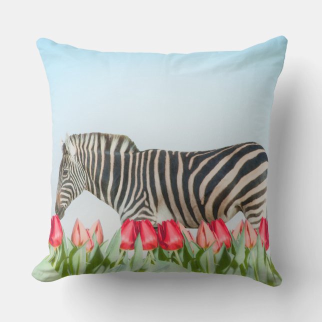 A Zebra Among the Tulips Throw Pillow (Front)