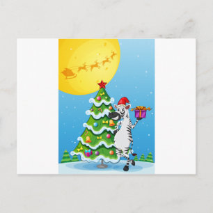 A zebra beside the tall christmas tree holiday postcard