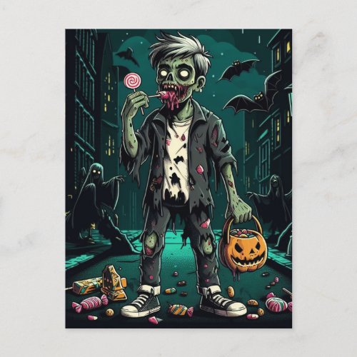 A Zombie Eating Halloween Candy Postcard