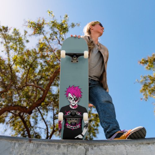 A zombie guy wearing a zombie tshirt skateboard