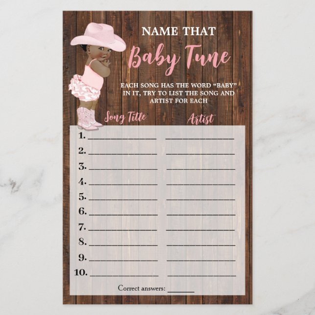 AA Cowgirl Name that Baby Tune Shower Game Card Flyer (Front)