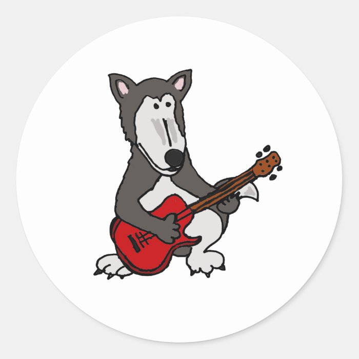 AA  Cute Wolf Playing Electric Guitar Cartoon Round Sticker