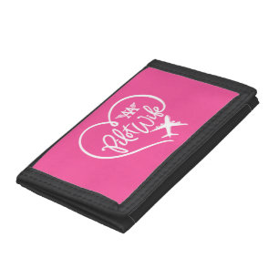 AA Pilot Wife White Loop Heart Plane Hot Pink Tri-fold Wallet