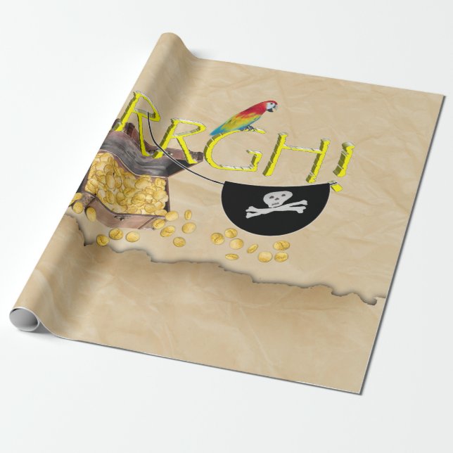 AAARGH - Pirate Parrot, Treasure Chest & Eye Patch Wrapping Paper (Unrolled)