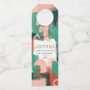 Aabstract red, pink + green joyful christmas bottle hanger tag