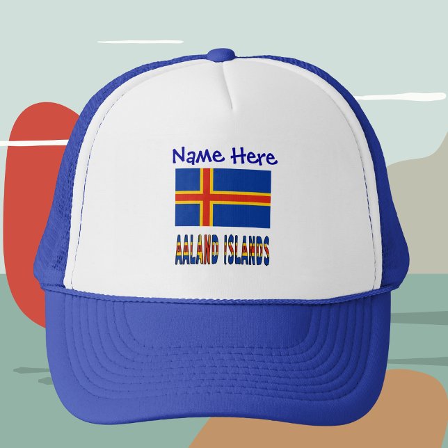 Aaland Islands Ålander Flag Blue Personalization  Trucker Hat (Personalized trucker hat with the Ålander flag and the words AALAND ISLANDS below.)