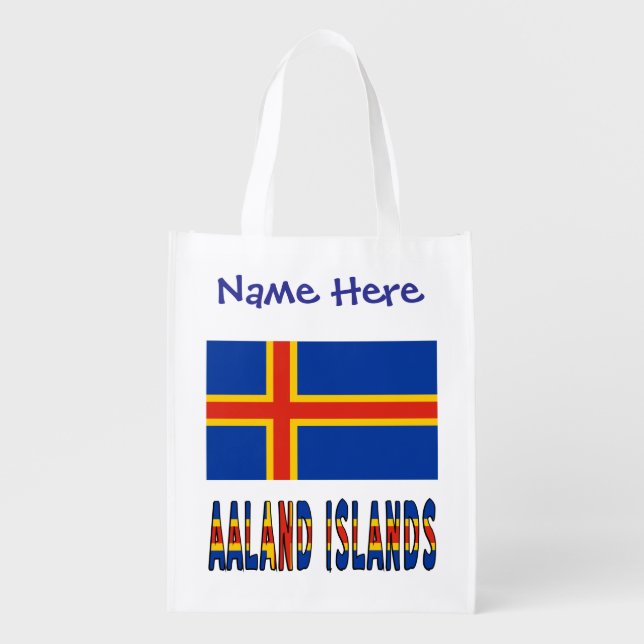 Aaland Islands Ålander Flag Personalized Blue Name Grocery Bag (Front)