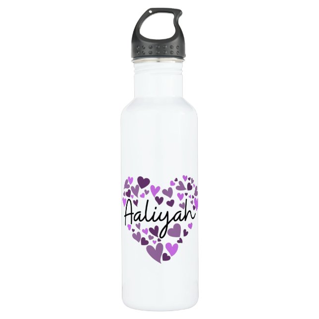 Aaliyah, purple hearts stainless steel water bottle (Front)