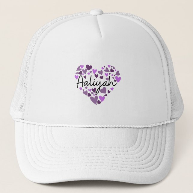 Aaliyah, purple hearts trucker hat (Front)