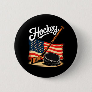 Aamerican Flag Hockey 4th Of July Hockey Lover Men Button