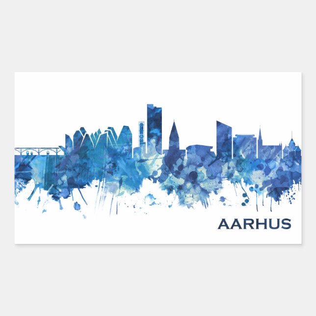 Aarhus Denmark Skyline Blue Rectangular Sticker (Front)