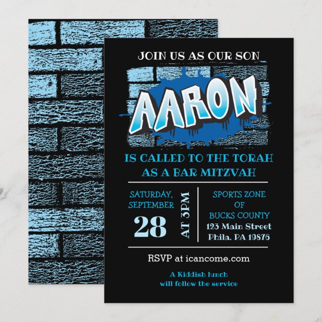 Aaron Your Graffiti Name Brick Wall Bar Mitzvah Invitation (Front/Back)