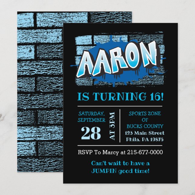 Aaron Your Graffiti Name Brick Wall Birthday Party Invitation (Front/Back)