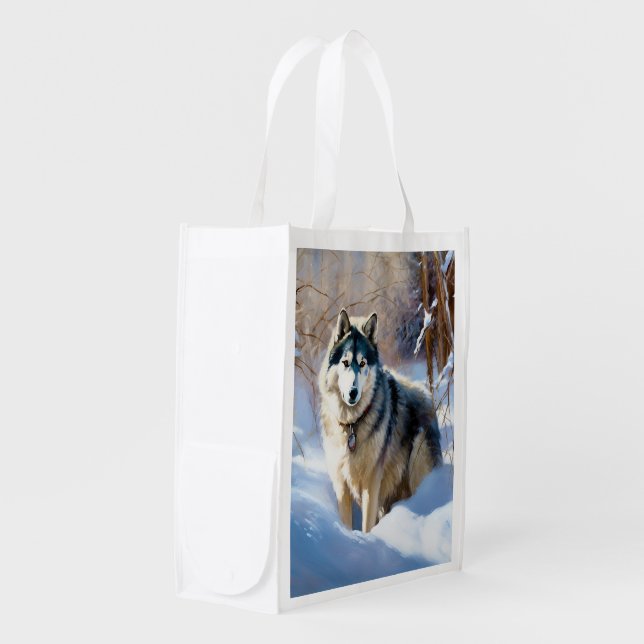 Aaskan Malamute Let It Snow Christmas Grocery Bag (Front Side)