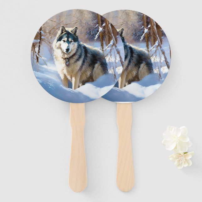 Aaskan Malamute Let It Snow Christmas Hand Fan (Front and Back)
