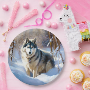 Aaskan Malamute Let It Snow Christmas Paper Plates