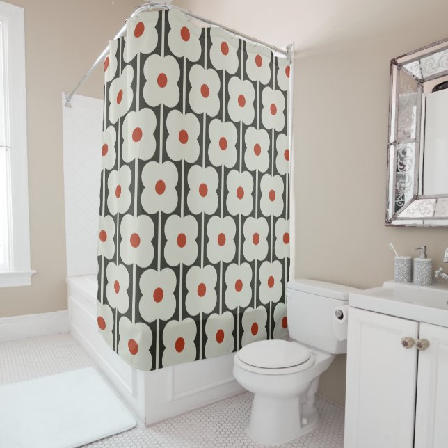 Abacus Flower Tomato Red Grid Pattern Shower Curtain (In Situ)
