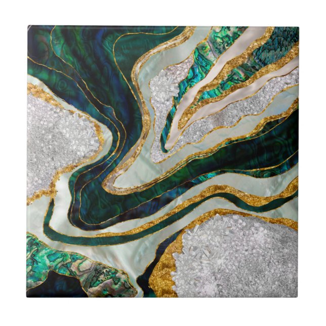 Abalone and Crystals geode digital art Ceramic Tile (Front)