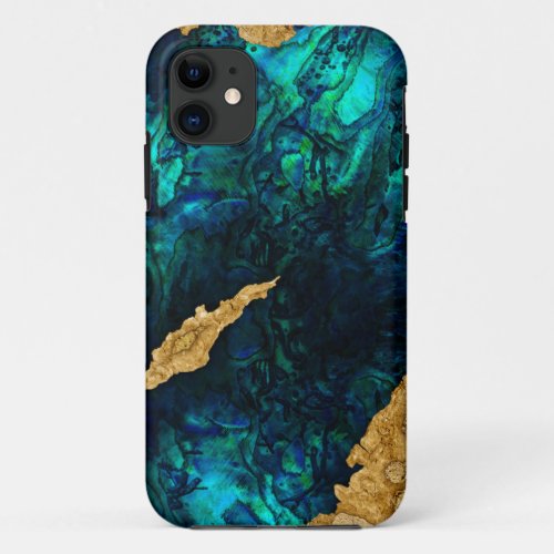 Abalone Blue and Gold Cement Mixed media abstract iPhone 11 Case