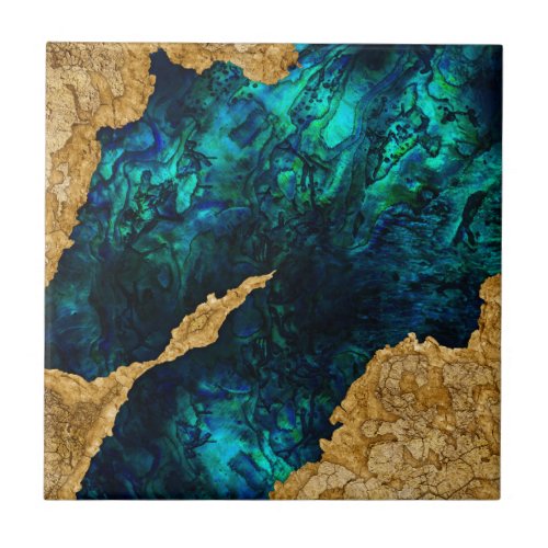 Abalone Blue and Gold Cement Mixed media abstract Ceramic Tile