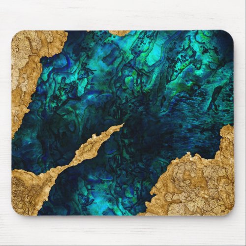 Abalone Blue and Gold Cement Mixed media abstract Mouse Pad