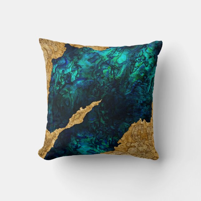 Abalone Blue and Gold Cement Mixed media abstract Throw Pillow (Front)