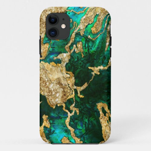 Abalone Green and Gold Cement Mixed media abstract iPhone 11 Case