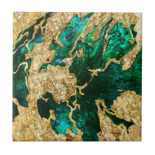 Abalone Green and Gold Cement Mixed media abstract Ceramic Tile