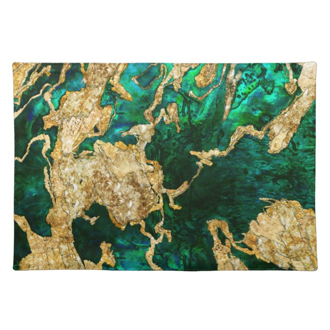 Abalone Green and Gold Cement Mixed media abstract Cloth Placemat (Front)