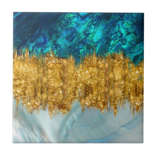 Abalone Pearl and gold texture mixed media abstra Ceramic Tile
