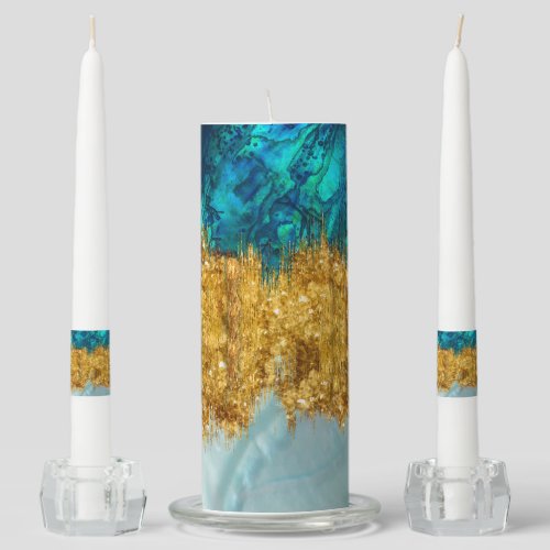 Abalone Pearl and gold texture mixed media abstra Unity Candle Set