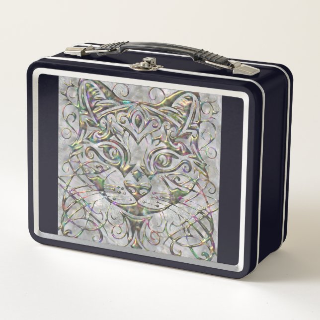 Abalone Pearl Metallic Cat Font Monogram Letter Metal Lunch Box (Front)