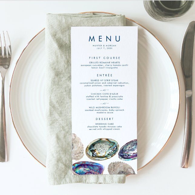 Abalone Shell Colorful Watercolor Beach Wedding Menu (This watercolor abalone shell wedding menu is perfect for your elegant beach wedding)