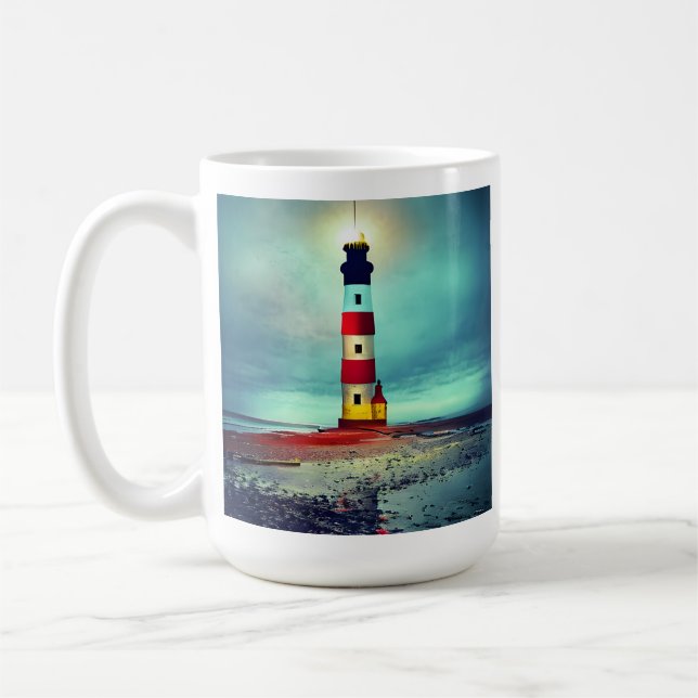 Abandoned Beach  dilapidate Illuminated Lighthouse Coffee Mug (Left)