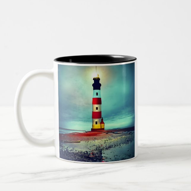 Abandoned Beach  dilapidate Illuminated Lighthouse Two-Tone Coffee Mug (Left)