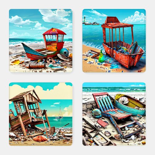Abandoned Beach Wreckage Coaster Set
