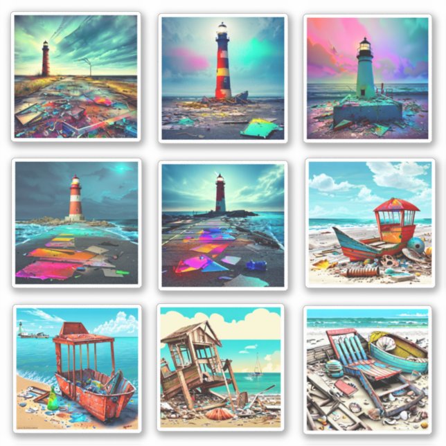 Abandoned Beachy Lighthouses and Boats Sticker (Front)