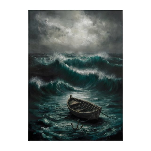 Abandoned Boat in Stormy Waters Ocean  Acrylic Print (Front)