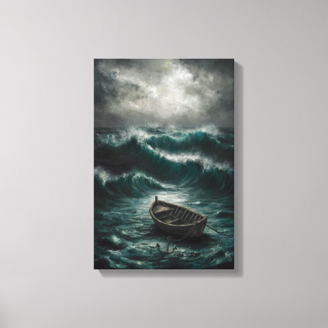 Abandoned Boat in Stormy Waters Ocean Art Canvas Print (Front)