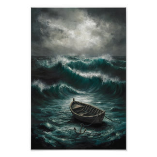Abandoned Boat in Stormy Waters Ocean Art Photo Print