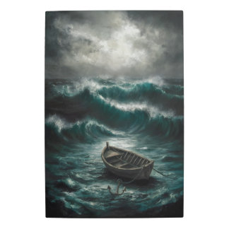 Abandoned Boat in Stormy Waters Ocean Metal Print