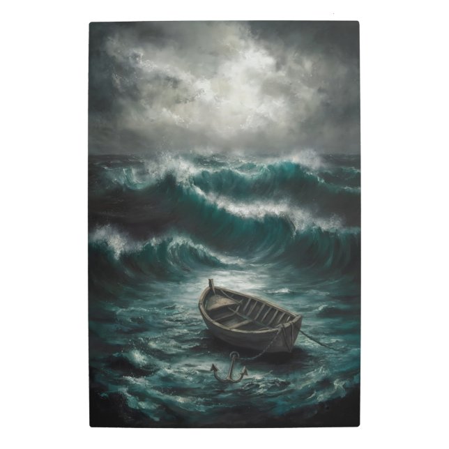 Abandoned Boat in Stormy Waters Ocean Metal Print (Front)