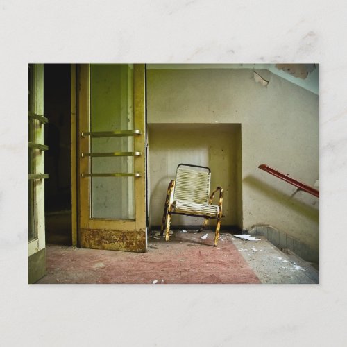 Abandoned Building with Empty Chair Postcard