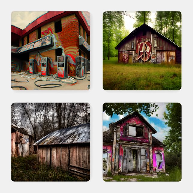 Abandoned Buildings, Farm and Gas Station Coaster Set (Set)