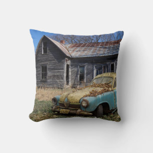 Abandoned Car and Farmhouse Throw Pillow